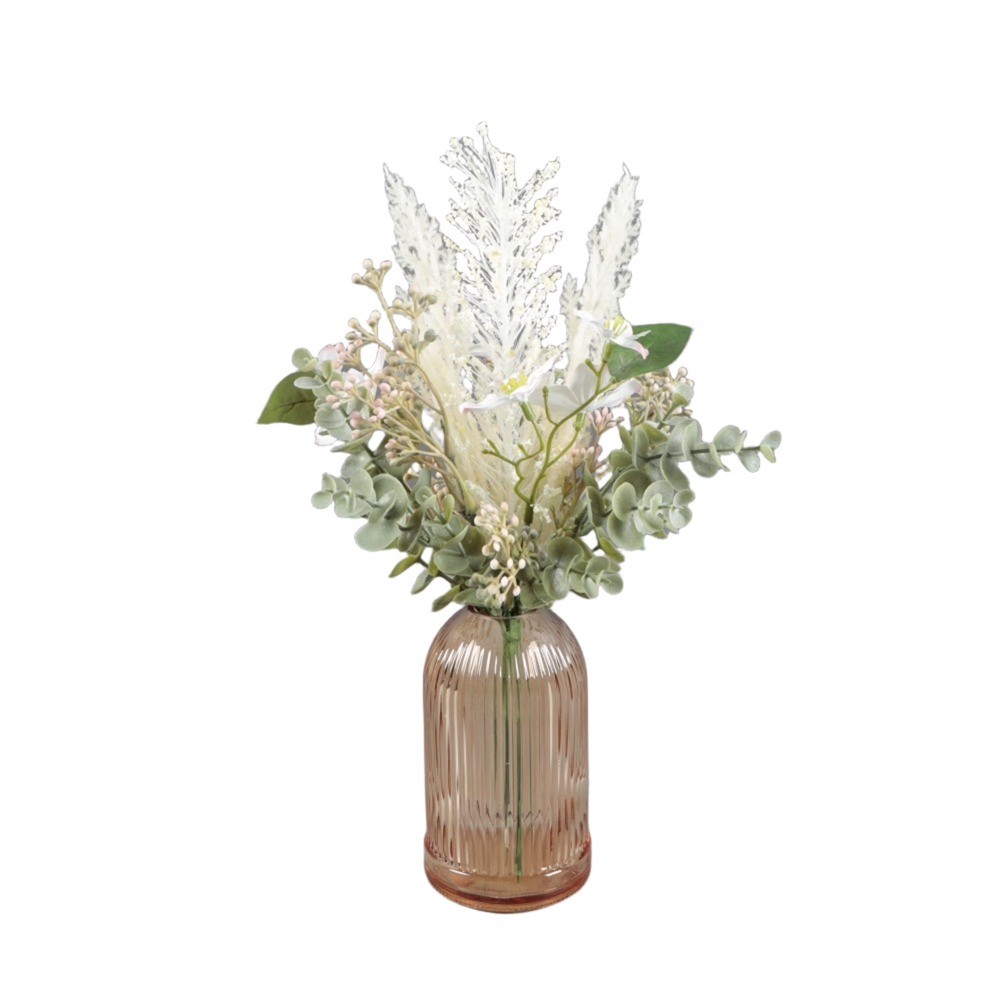 Collection White Floral Arrangement in Glass Vase 14.5 in H x 7.8 in W x 7.8 in
