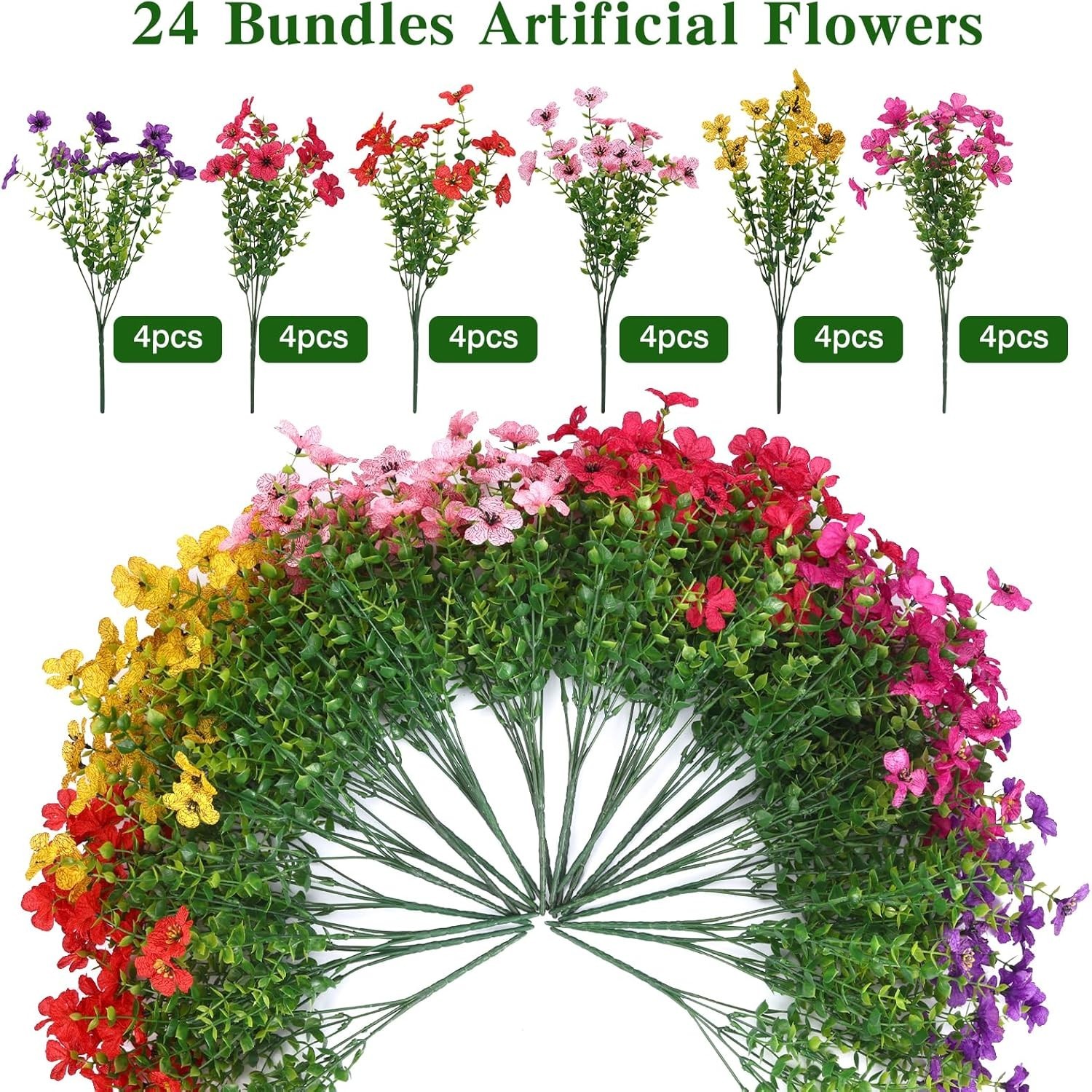 24 Bundles Artificial Flowers for Outdoor Indoor, Fake Silk Daisy with Eucaly…