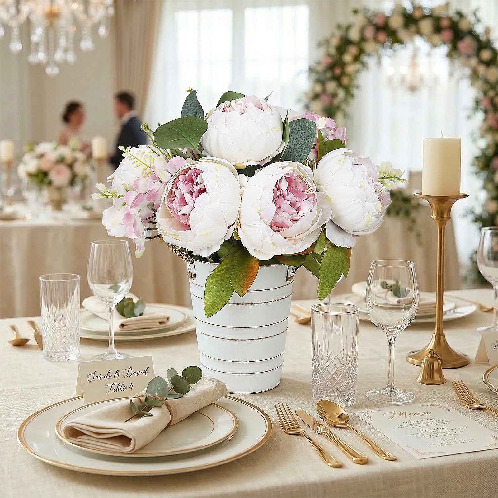 Peonies Artificial Flower Table Centerpieces – 10 Inches Tall Faux Silk Flora…