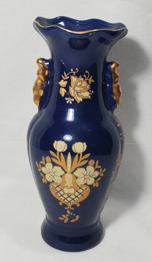 Hand-painted Dark Blue With Gold Floral Porcelain Vase 8″H