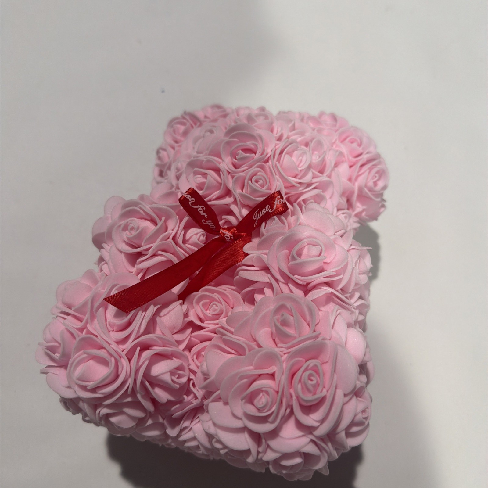 Artificial Pink Rose Teddy Bear Floral Arrangement & Centerpiece with Ribbon