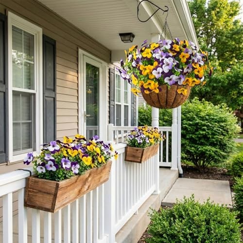 2 Set Artificial Pansy Flowers with Hanging Baskets – Silk Floral Decor for Spri