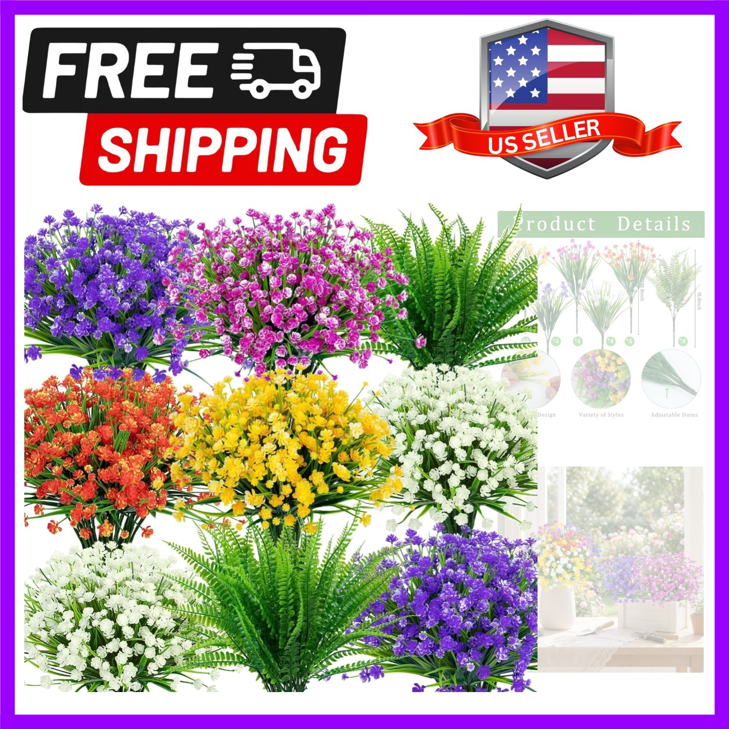 12 Bundles of UV Resistant Mixed Color Artificial Flowers & Boston Ferns Delight