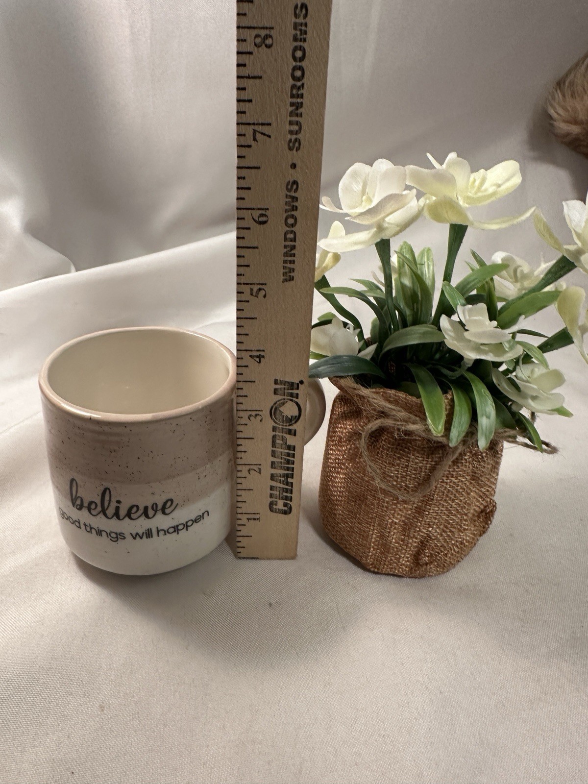 White Flowers Tan/White Pottery Mug Believe Good Things Will Happen