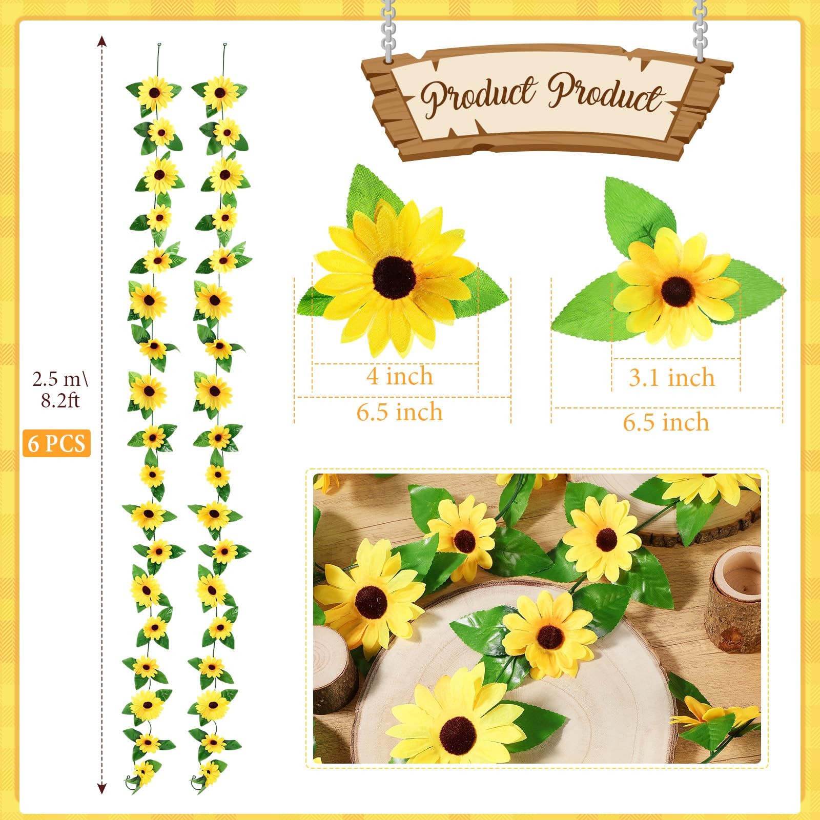 6 Pcs 8.2 FT Artificial Sunflower Garland Decoration 3 Inch 4 Inch Sunflowers…
