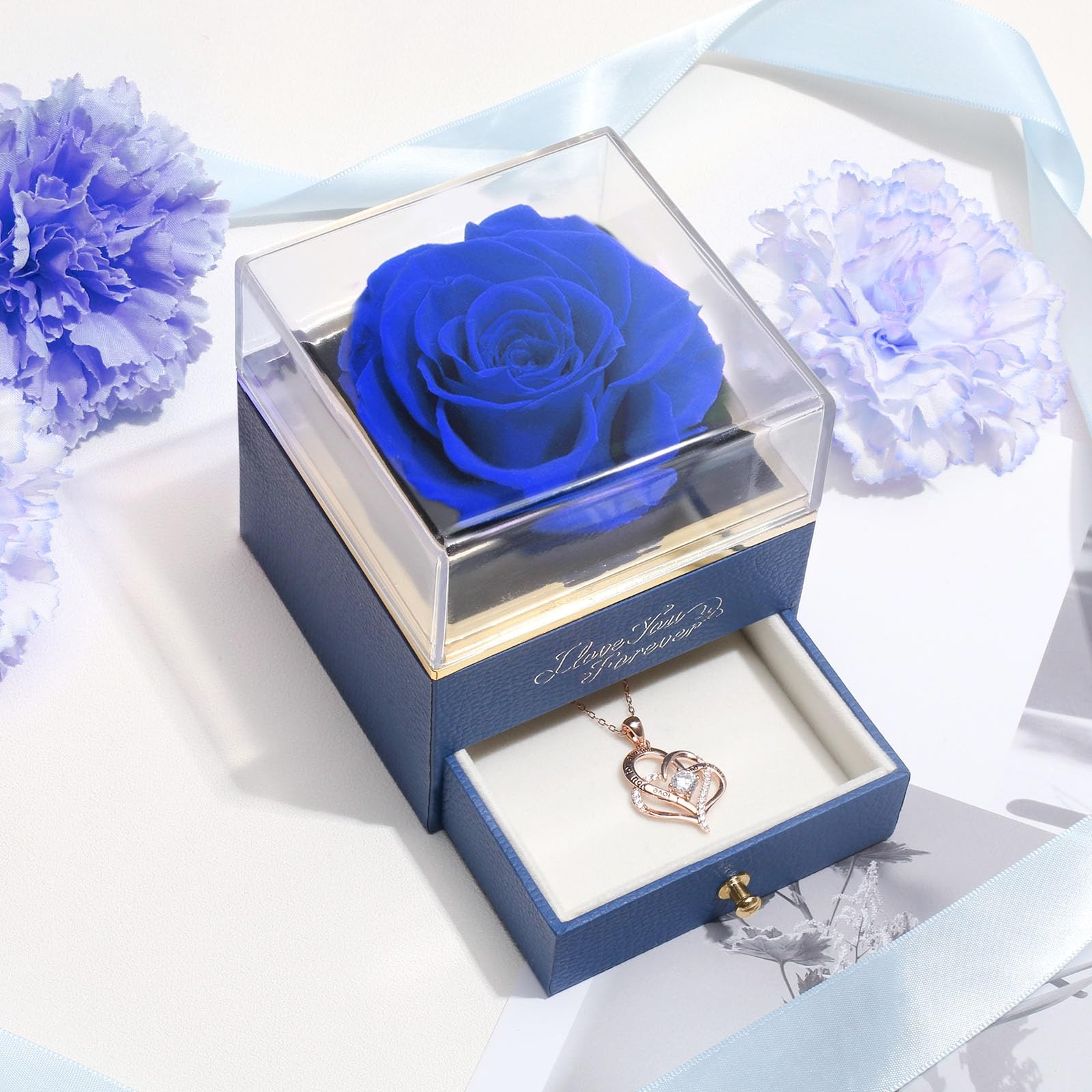 Forever Blue Rose with Heart Necklace, Preserved Flowers Gifts for Mom, Wife …