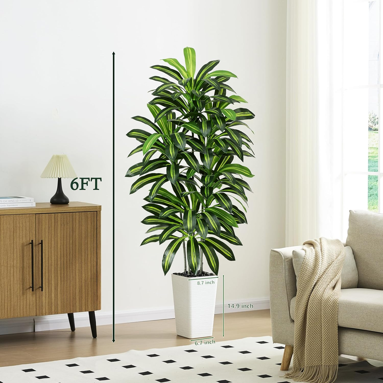 Artificial Dracaena Tree – 6FT Tall Fake Plants with White Tall Planter – Artifi