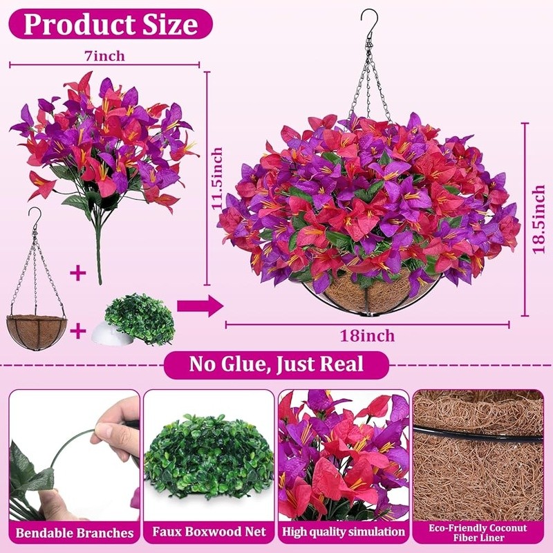 Artificial Hanging Bougainvillea Plant Basket Lifelike Indoor Outdoor Decor New