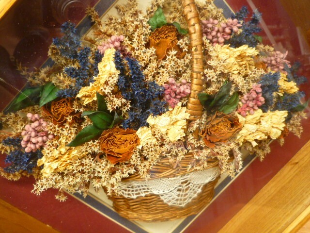 Vintage Hanging Wooden Shadow Box w/ Basket of Dried Flowers Signed Wall Art