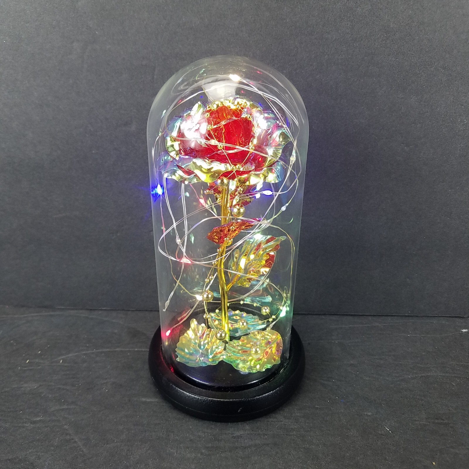 Faux Iridescent Rose Glass Display Dome Lighted RGB White Home Decor 8.5″ Tall