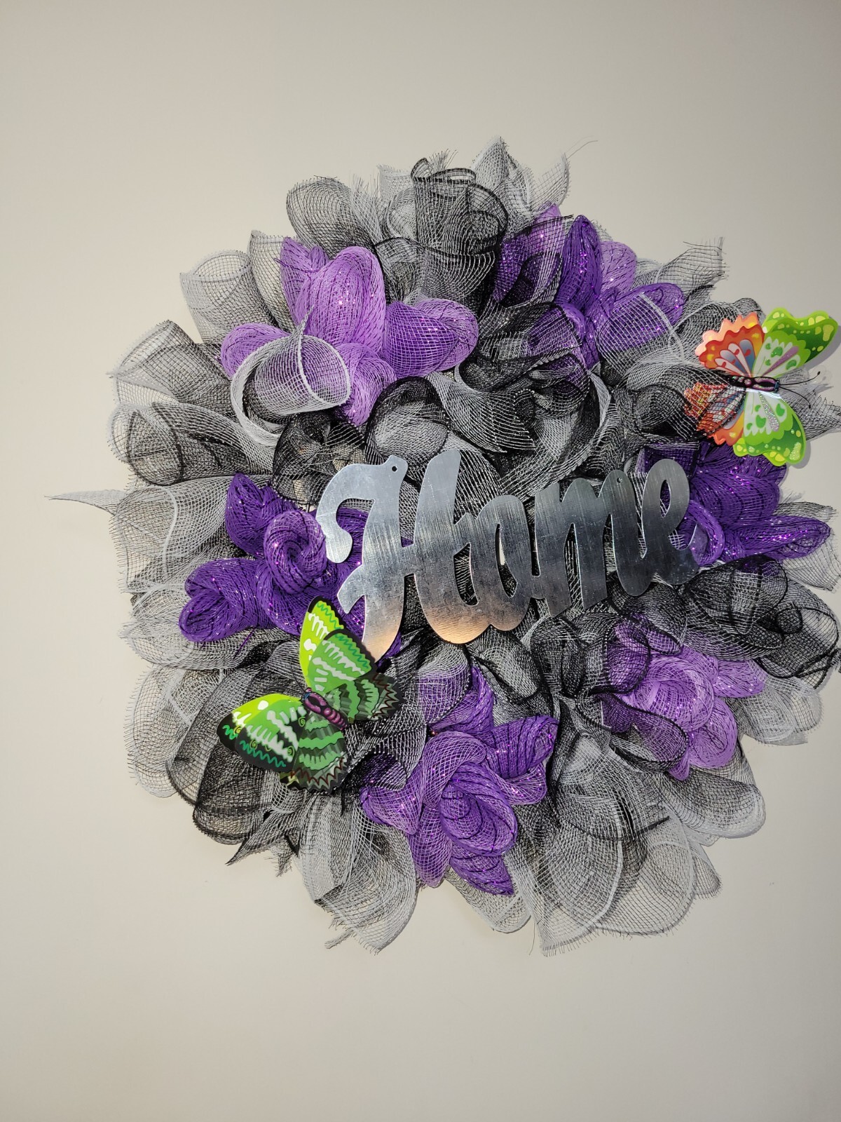 HOME black purple white Spring Summer Fall Wreath bunny Mesh Front Door Decor