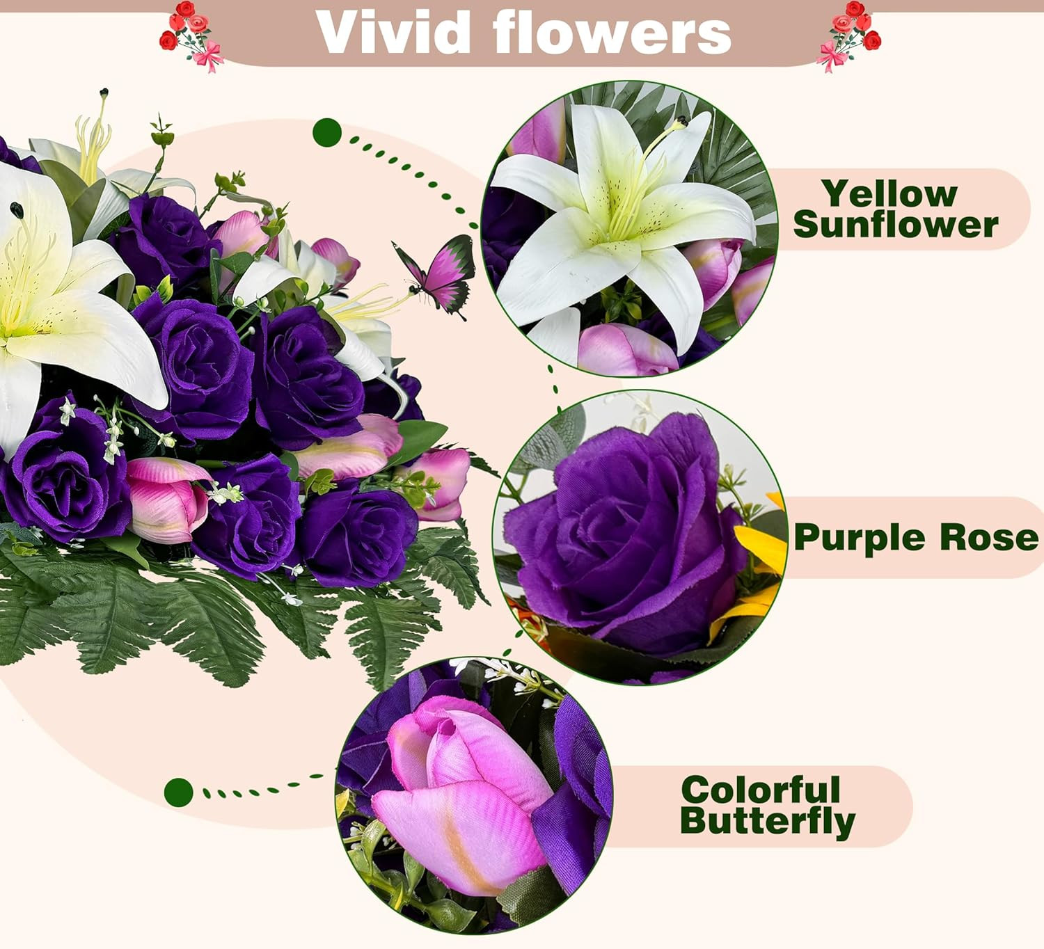 Elegant Cemetery Flowers with Vases – Silk Lilies & Butterflies, Purple/White