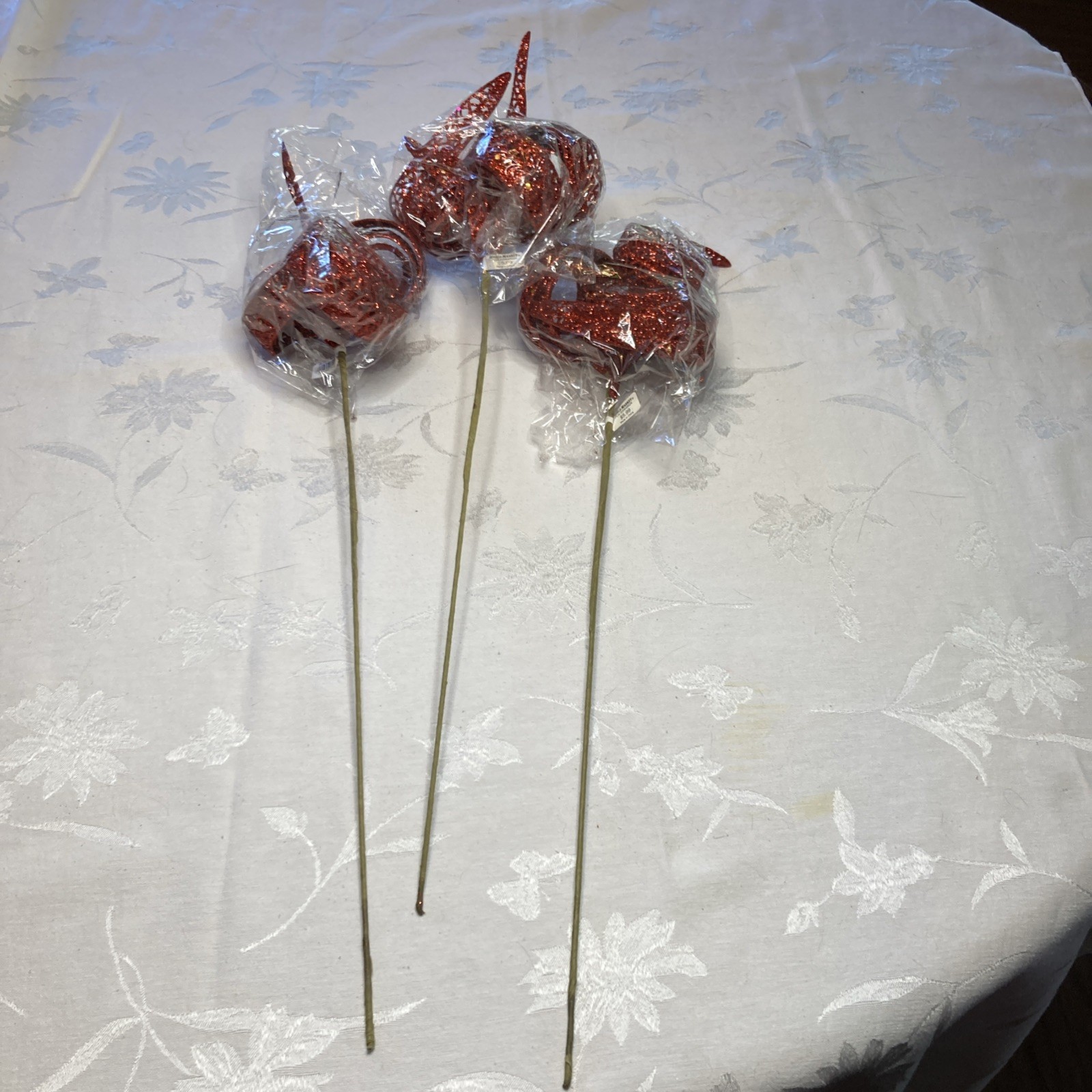 Set Of 3 World Market Red Glitter 20 Inch Floral Plant Stake Knot Rolled