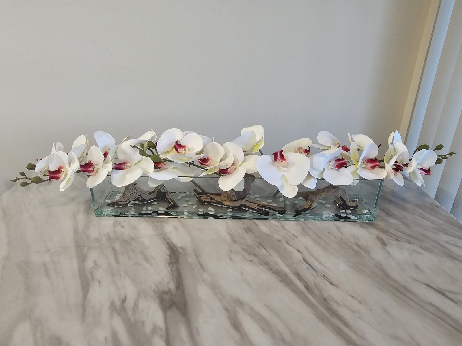 Floral Arrangement, Casa Moderna Glass Plate  W/ Faux White Orchids & Succulents