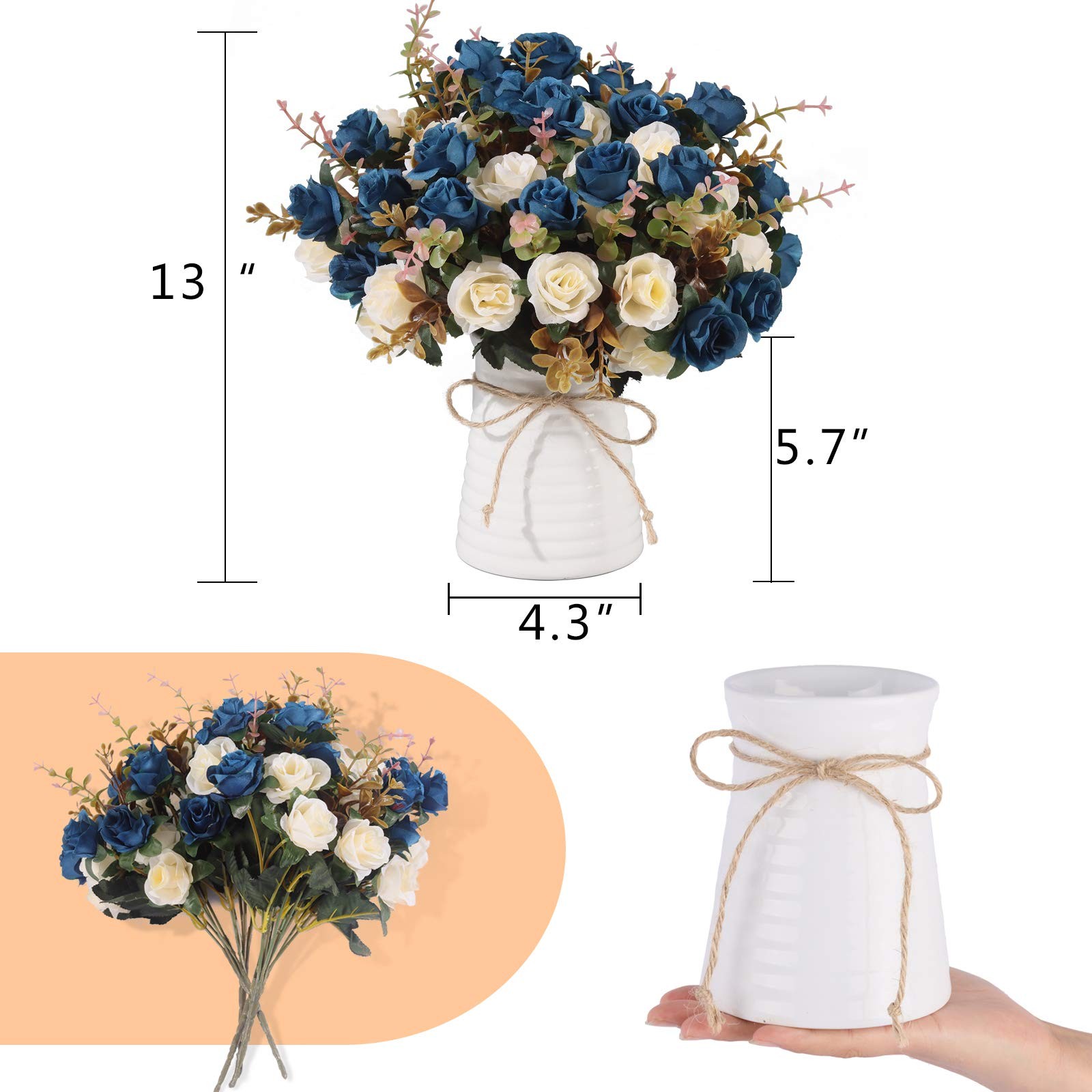 ARTIFICIAL ROSE Bouquets Ceramic Vases Fake Silk Roses Decor Navy Blue MOOMASS