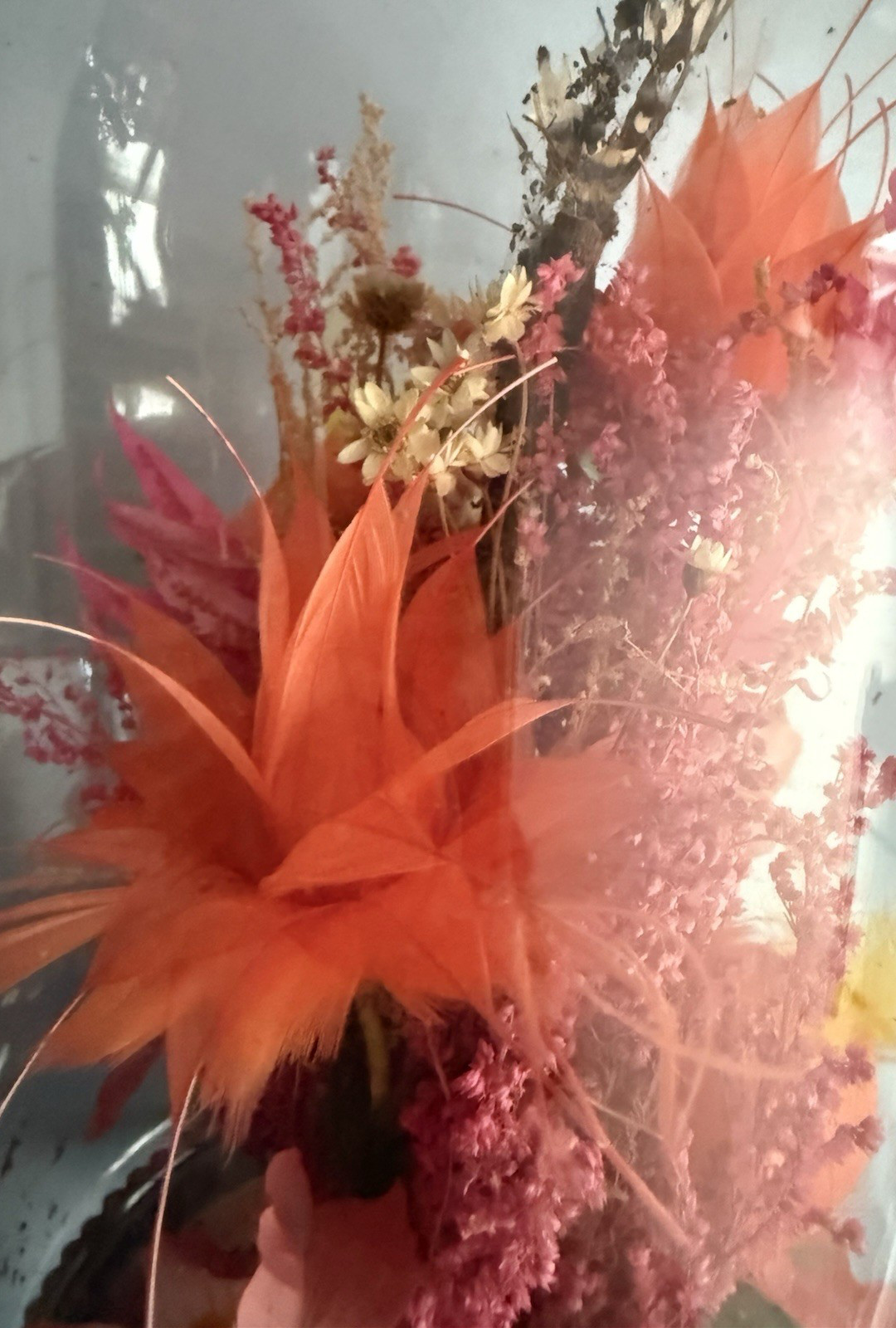 Vintage Plastic & Dried Flowers in Cloche by Allied Enterprises Inc. Bamboo Base