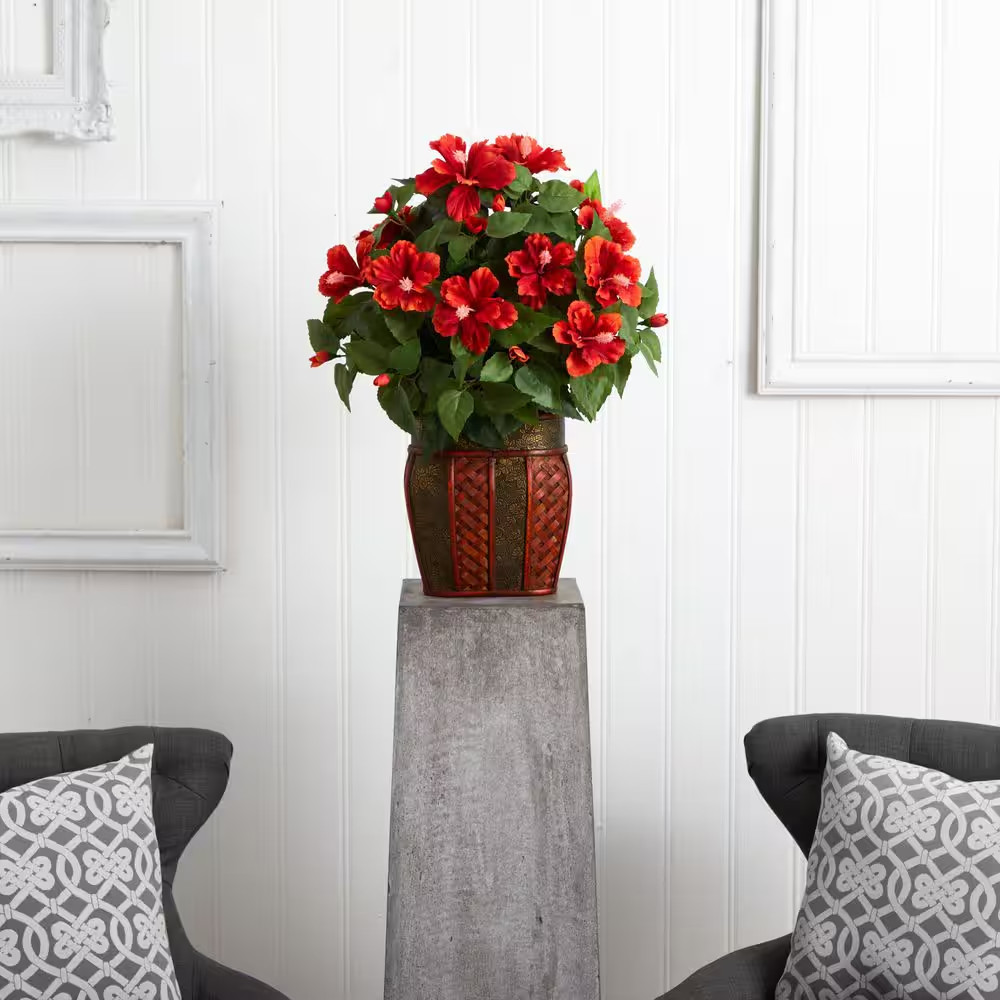 24 In. Artificial H Red Hibiscus with Vase Silk Plant