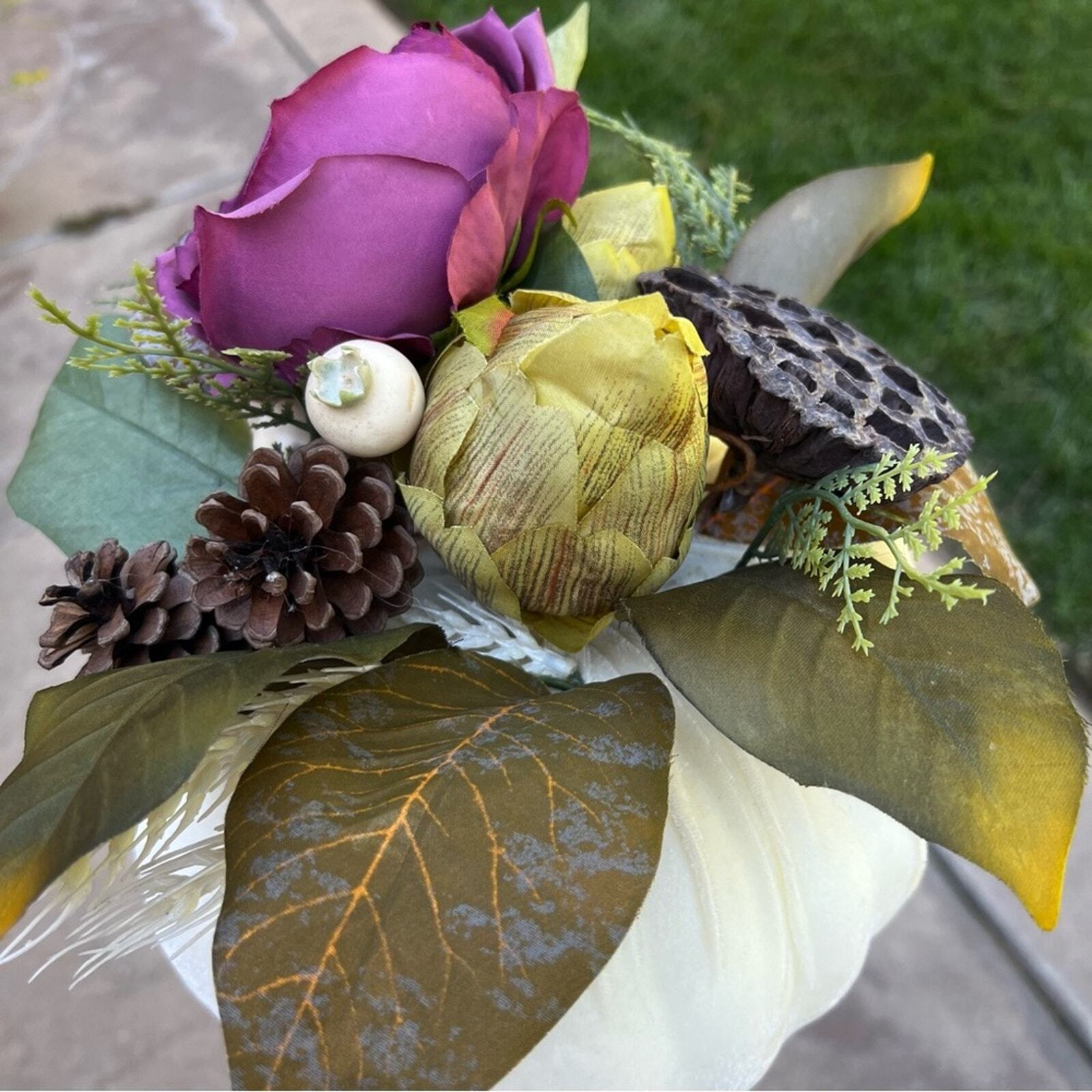 White Velvet Fabric Pumpkin With Faux Floral Arrangement Table Decor Handmade