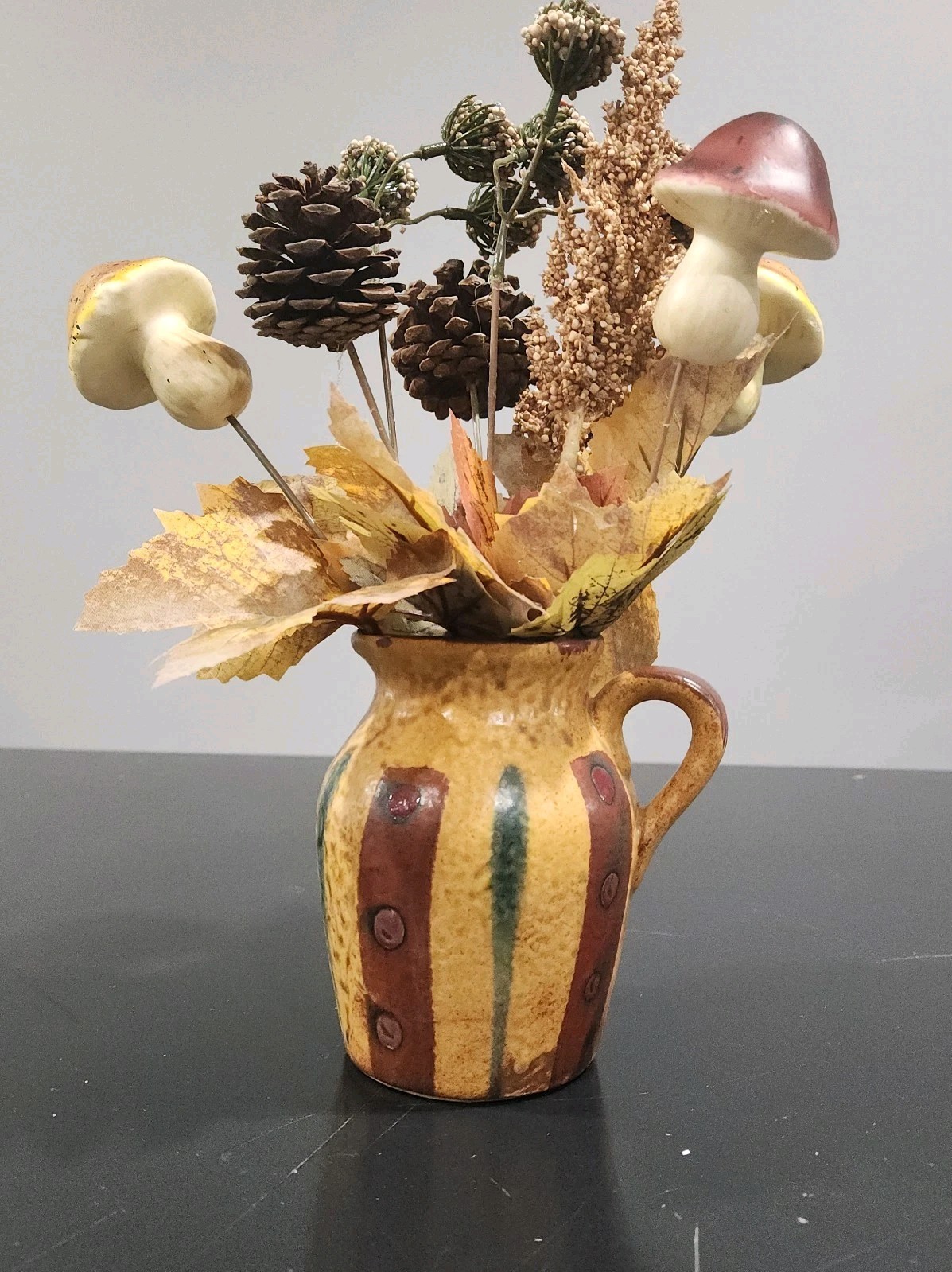 Vtg Vase Creamer Pottery Faux Retro Floral Arrangement Cones Mushroom Fall 12″