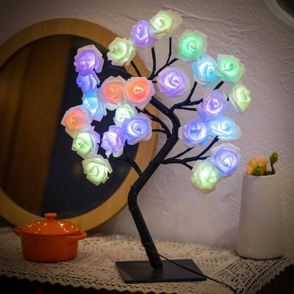 Artificial Rose Tree Lamp Multicolor LED Flower Night Light Tabletop Bonsai Tree
