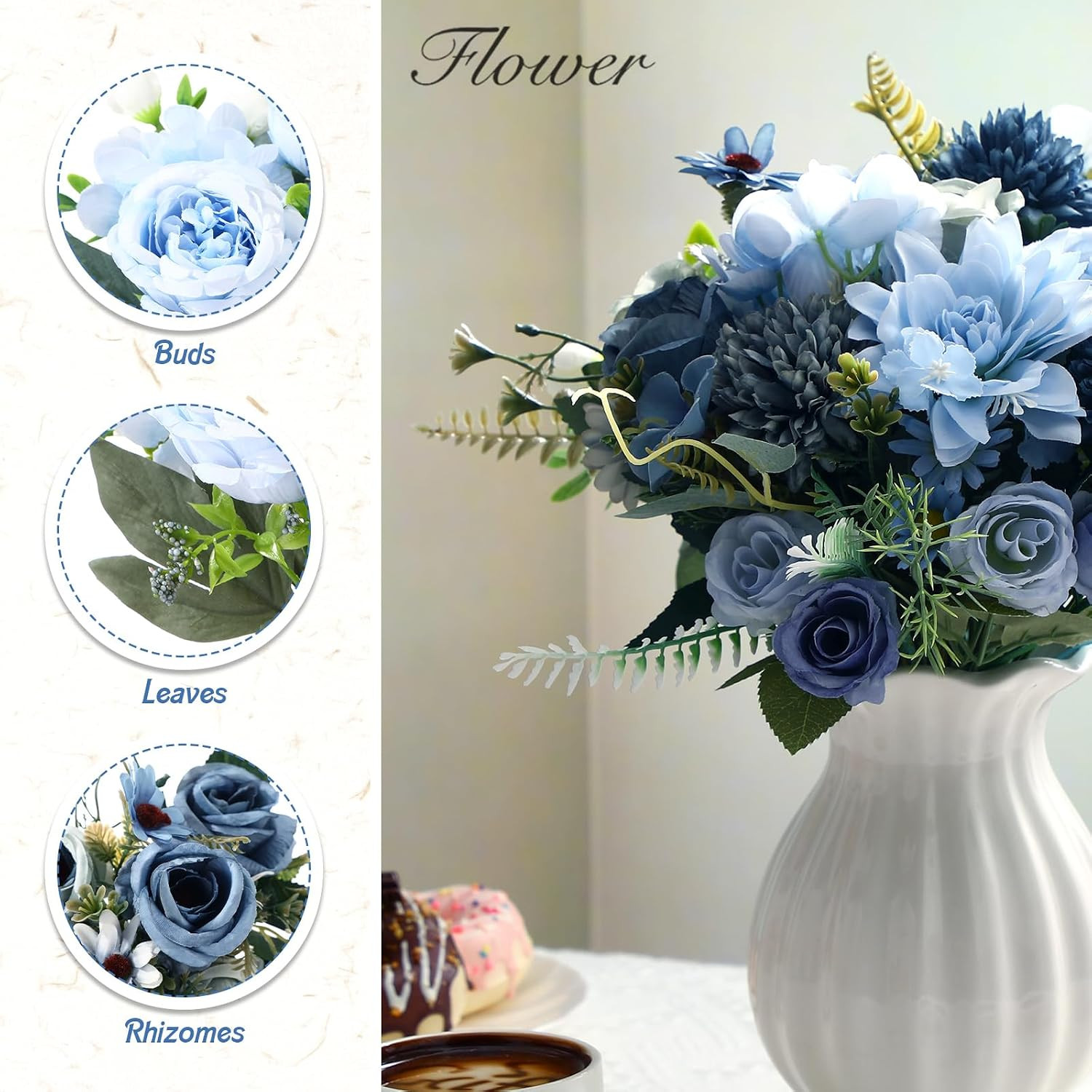 12 Bundles Gradient Blue Artificial Flowers Peonies Silk Dahlia Faux Rose Fake C