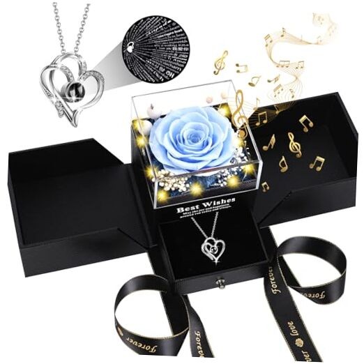 Gifts for Women – Preserved Real Rose with I Love You Heart Necklace, Sky Blue