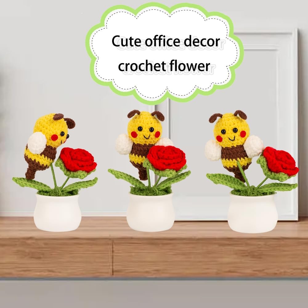 Cute Red Bee Knitted Crochet Flowers Desk Home Office Decor Table Ornament