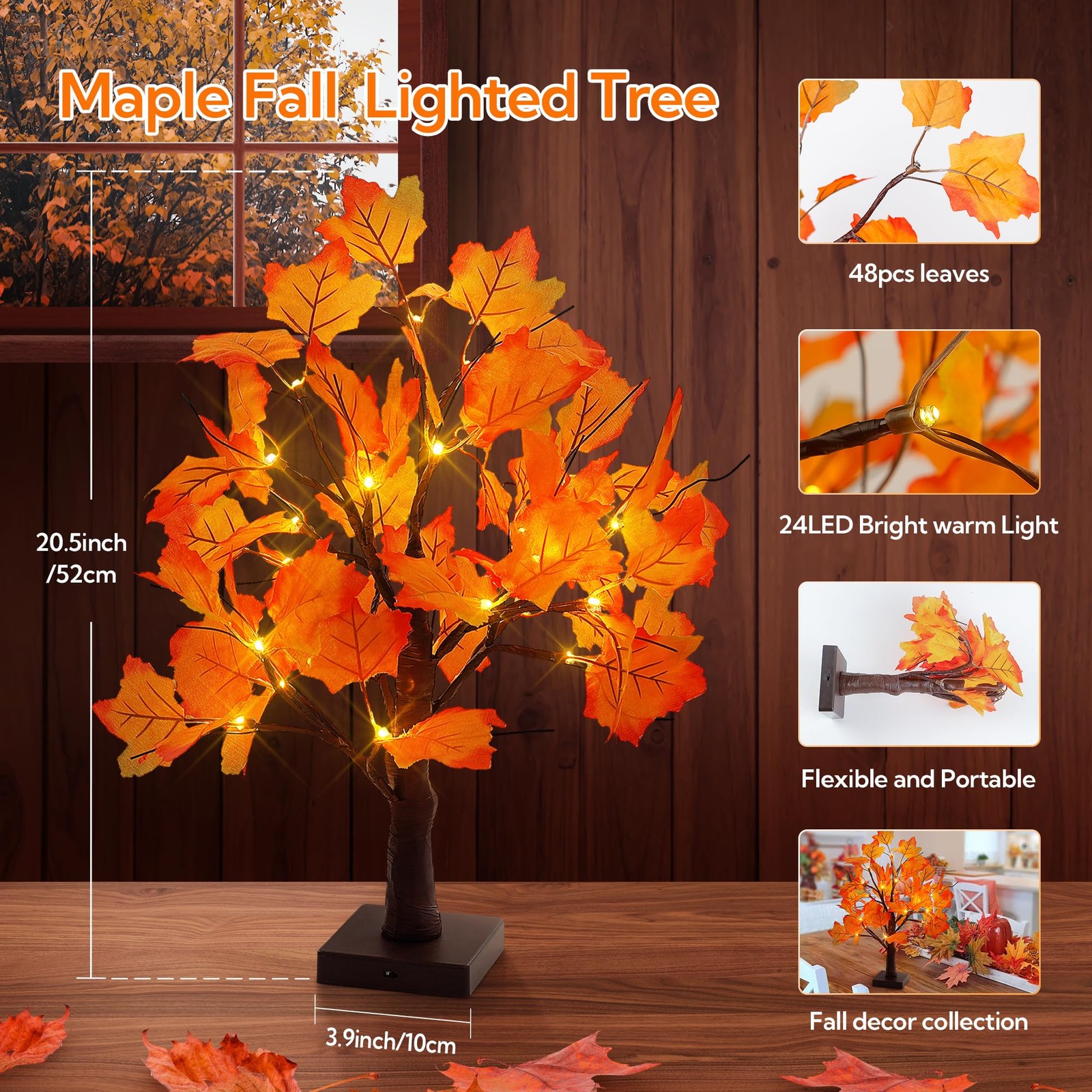 Woohaha 24LED Fall Tree Lighted Maple Tree,Thanksgiving 1ft 8in, Orange