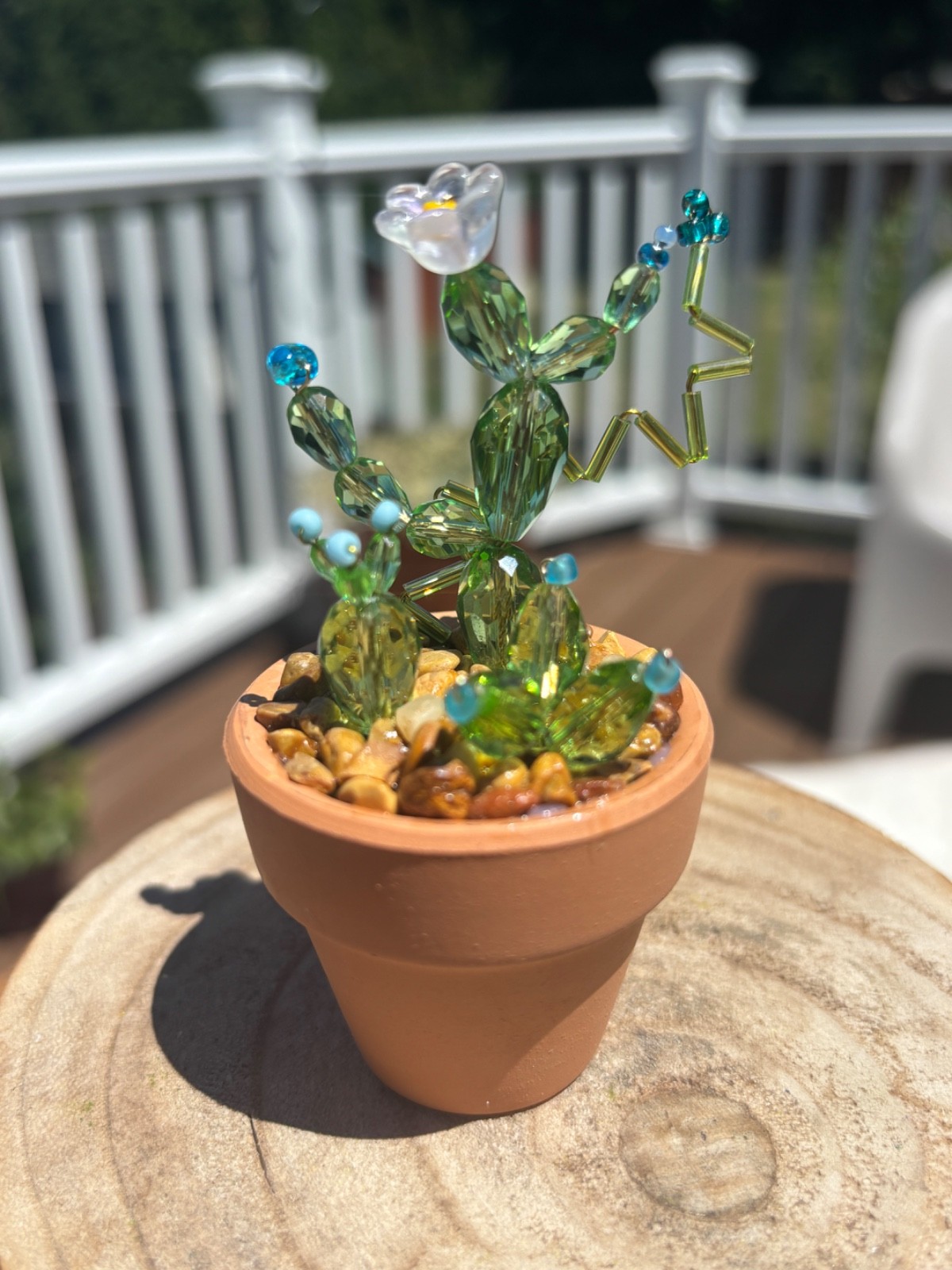 Handmade Tiny Forever Cactus glass beads blue blooms in terracotta pot