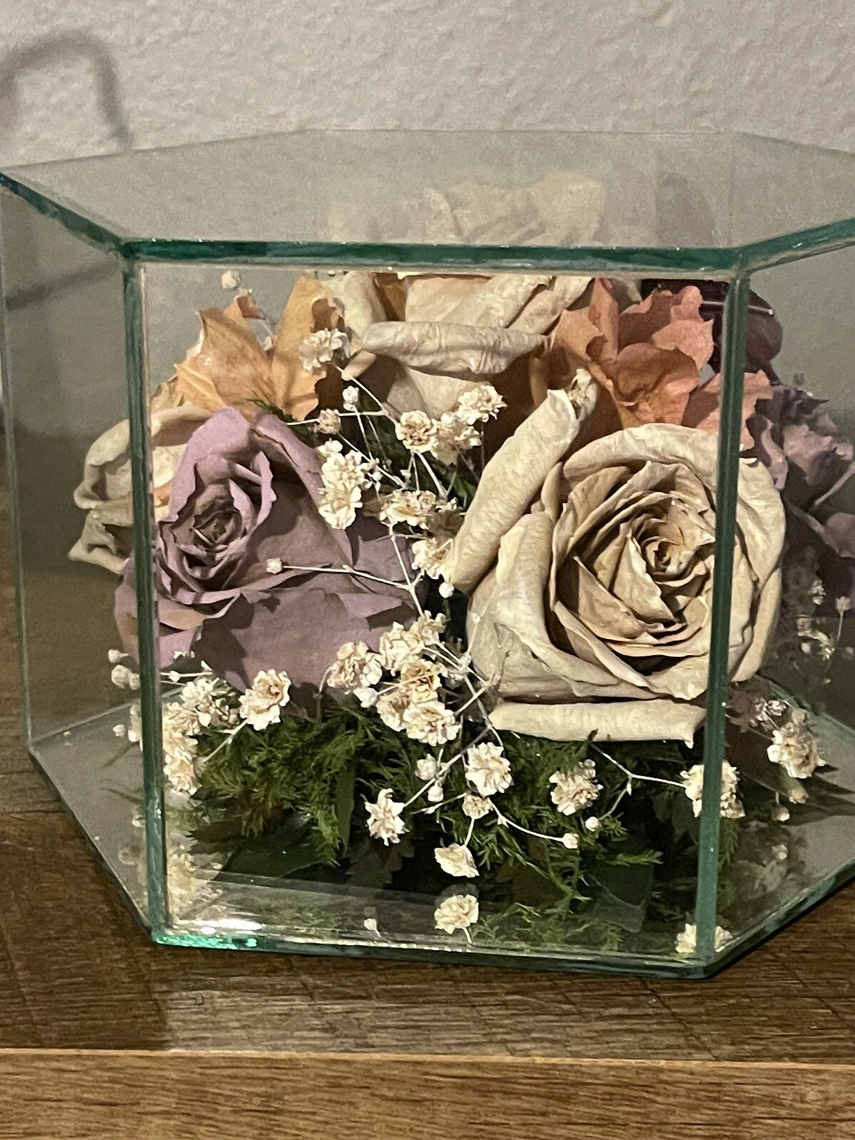 Vintage Freeze Dried Roses W/Butterfly In A Glass Display Case