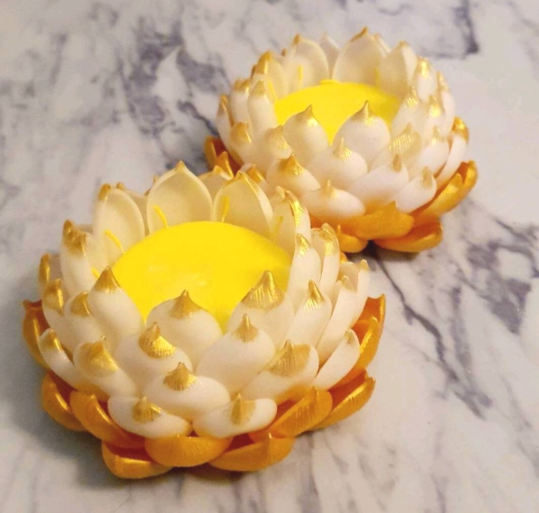 Lotus Flower Air Dry Clay Artificial Gold White Buddha Stand Pedestal Offering