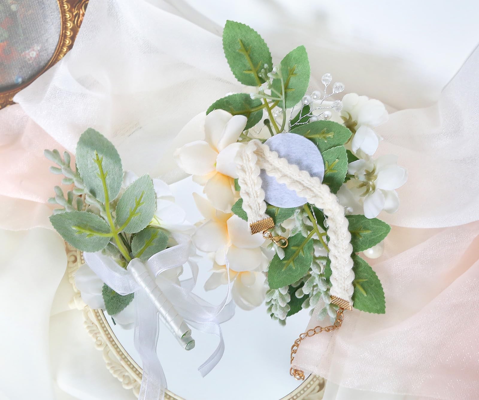 2 PCS White Rose Wedding Corsage Boutonniere Set Wristlet Bride Groom Prom