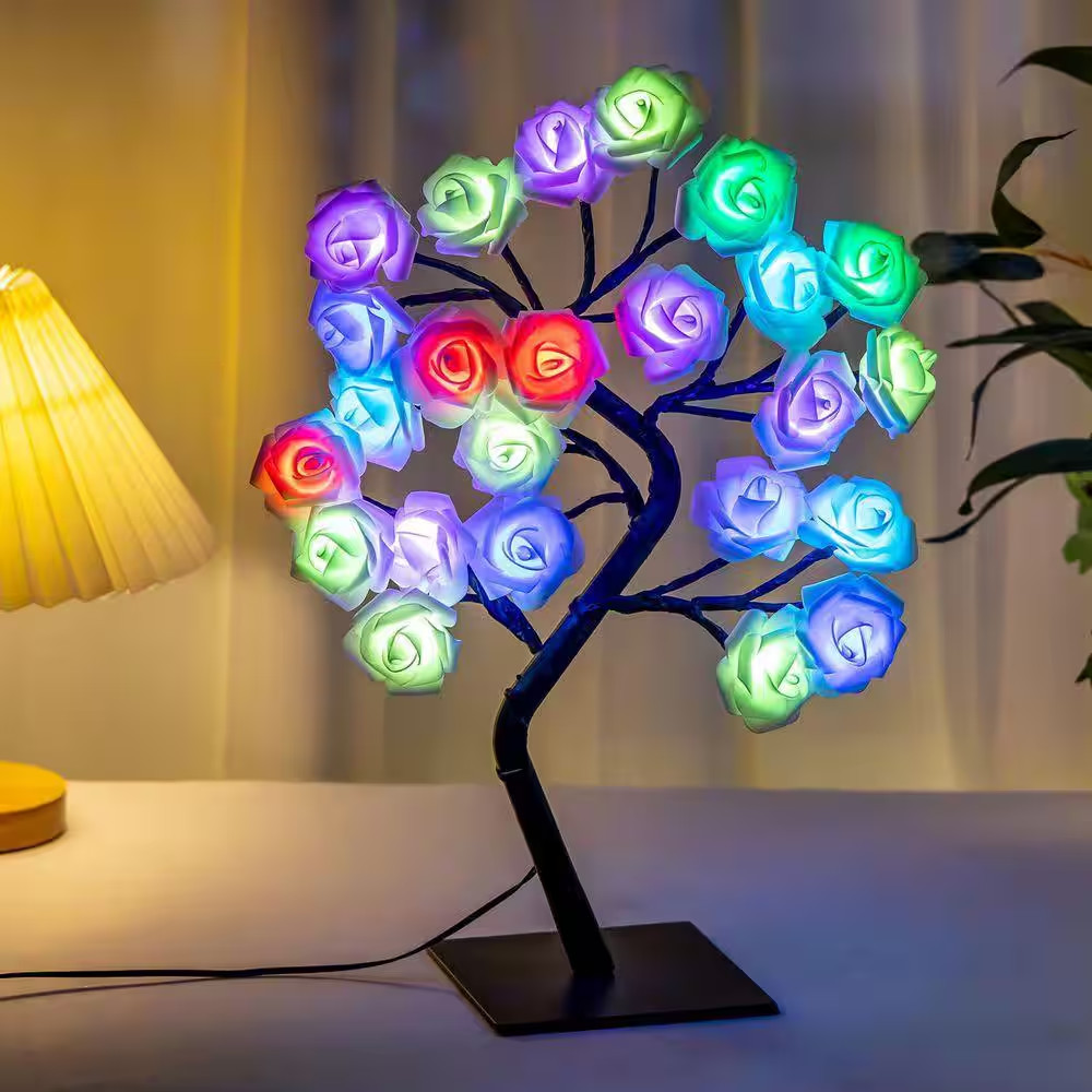 Artificial Rose Tree Lamp Multicolor LED Flower Night Light Tabletop Bonsai Tree