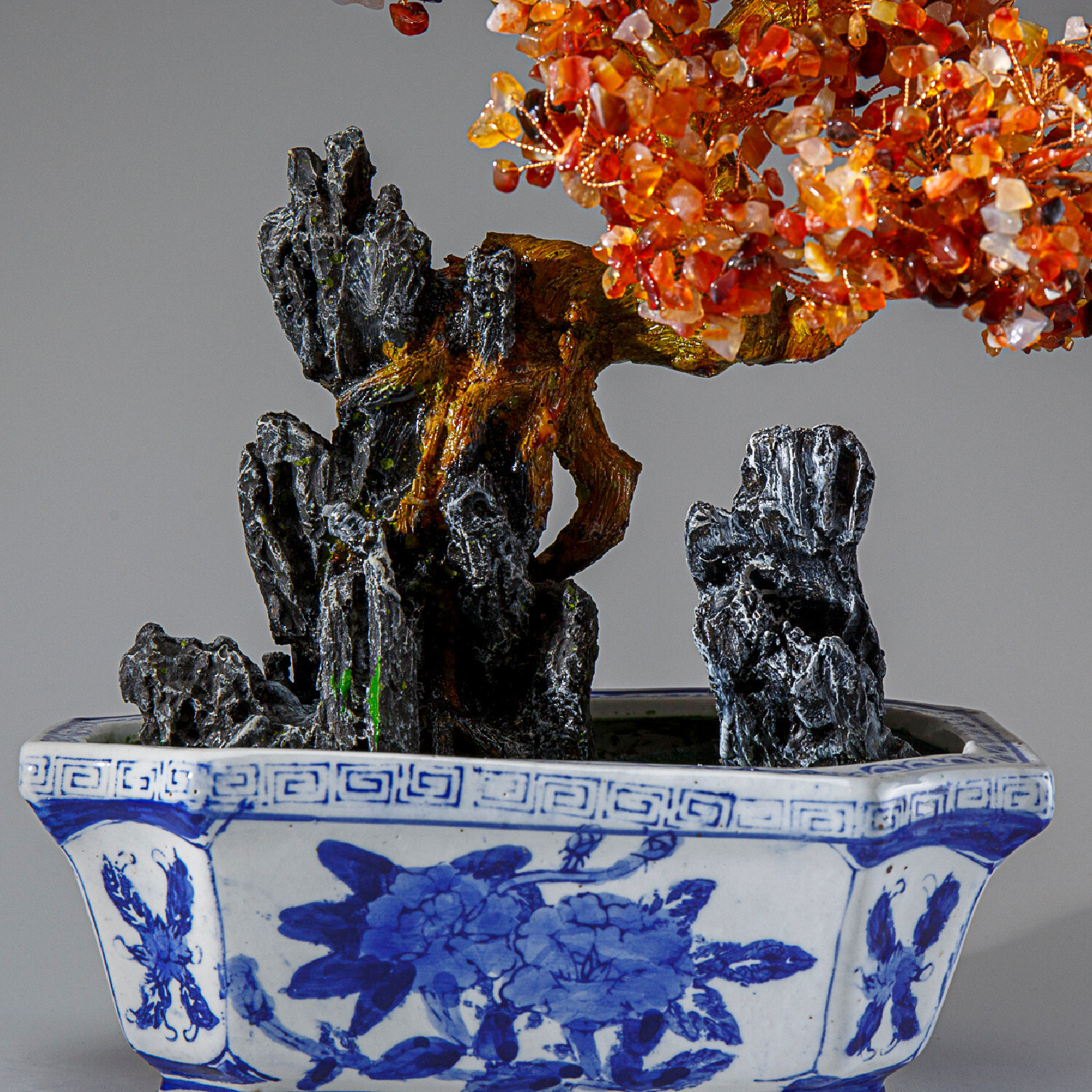 Genuine Carnelian Bonsai Tree in Square Ceramic Pot (13” Tall)