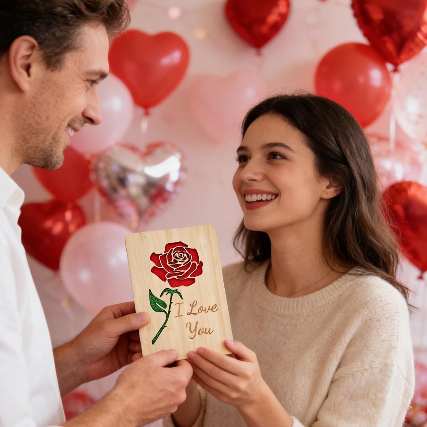 Wooden Valentine Card with Envelope for Her,Him,Romantic “I Love You” Rose C