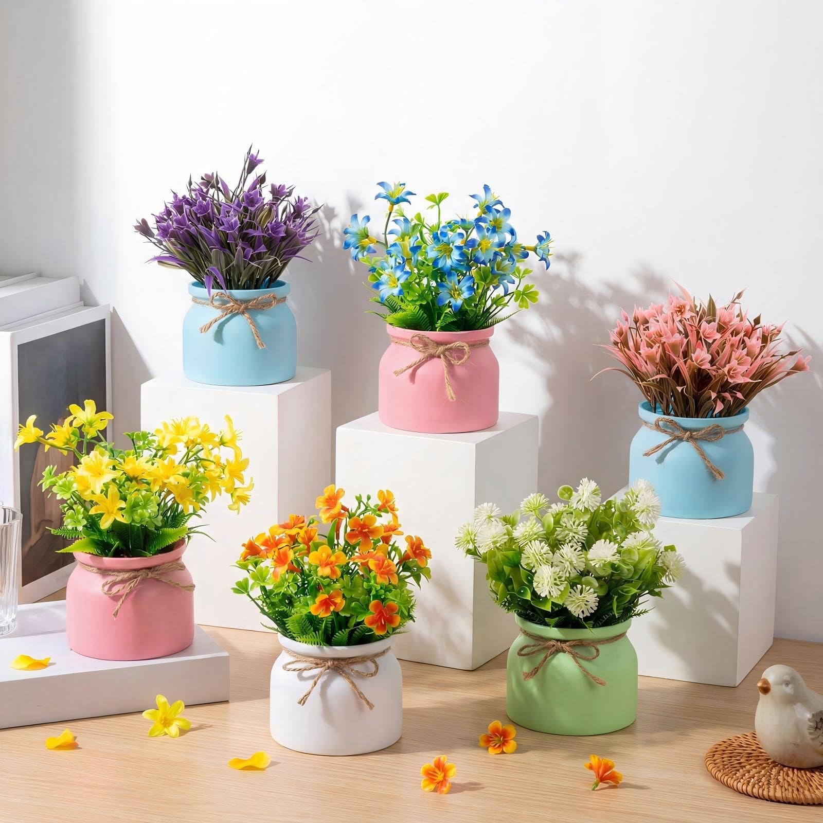 6 PCS Large Spring Artificial Flowers Potted Fake Floral Plants Macaron Pot