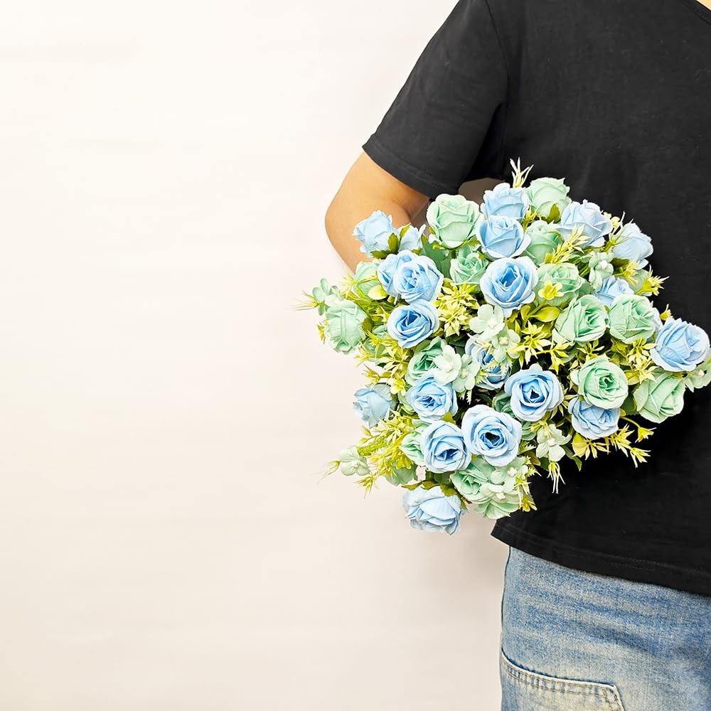 5 PCS Blue Real Touch Artificial Rose Flowers Fake Bouquet for Home Office