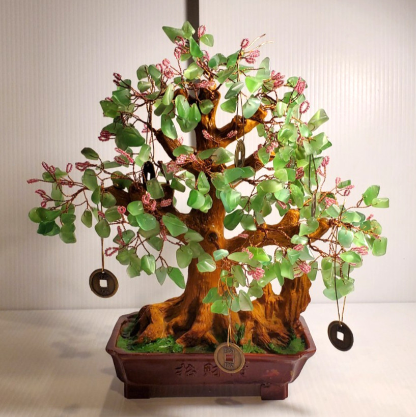 Vintage Bonsai Pink Flowers Green Glass Leaves Good Luck Money Coin Tree