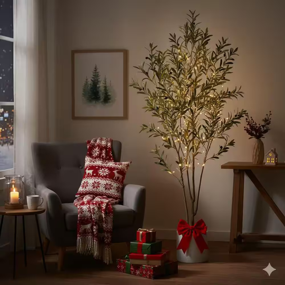 7 Ft. Artificial Olive Tree with White Planter, Large Faux Olive Silk Tree for I