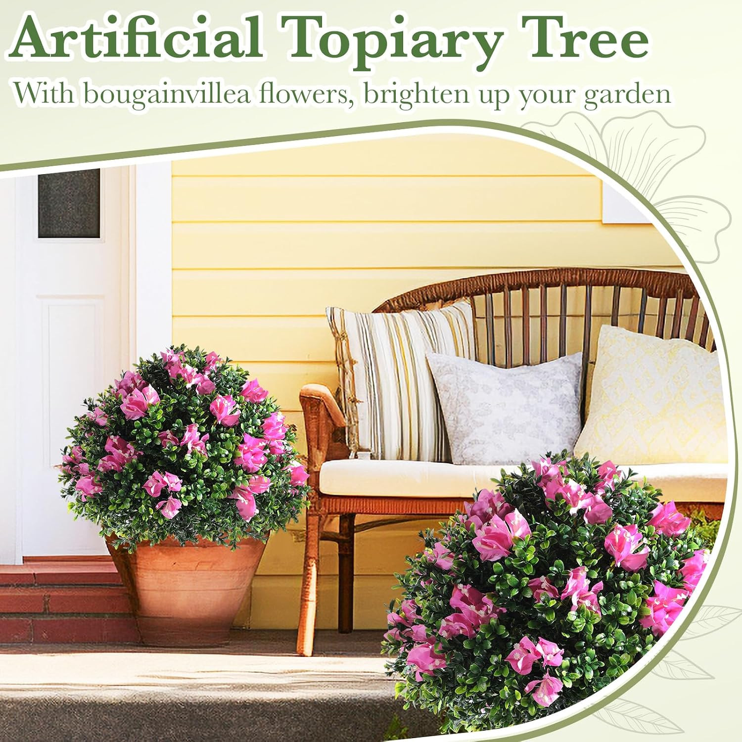 6 Pack 18″ Artificial Boxwood Topiary Balls with Bougainvillea Flowers with Spik