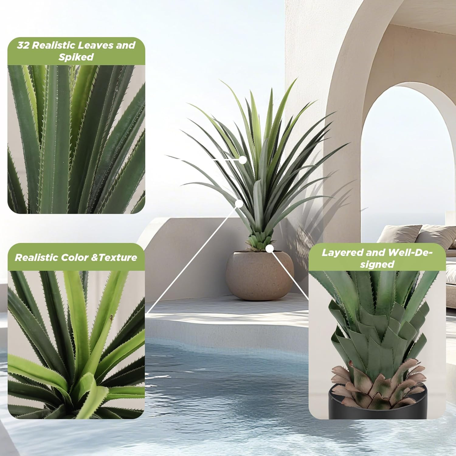 4Ft Artificial Spiked Agave Plant with 32 Leaves Set of 2 Faux Agave Plants for