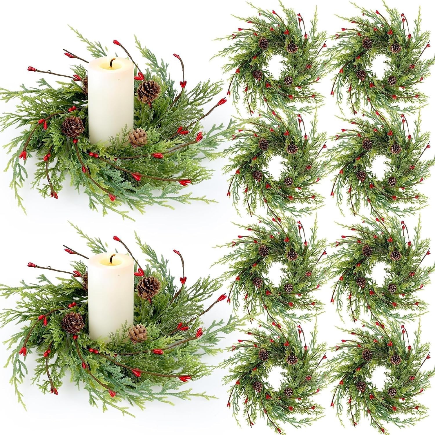 6 PCS 3 Inch Spring Summer Candle Rings Wreaths Mini Green Candle Rings Wreath