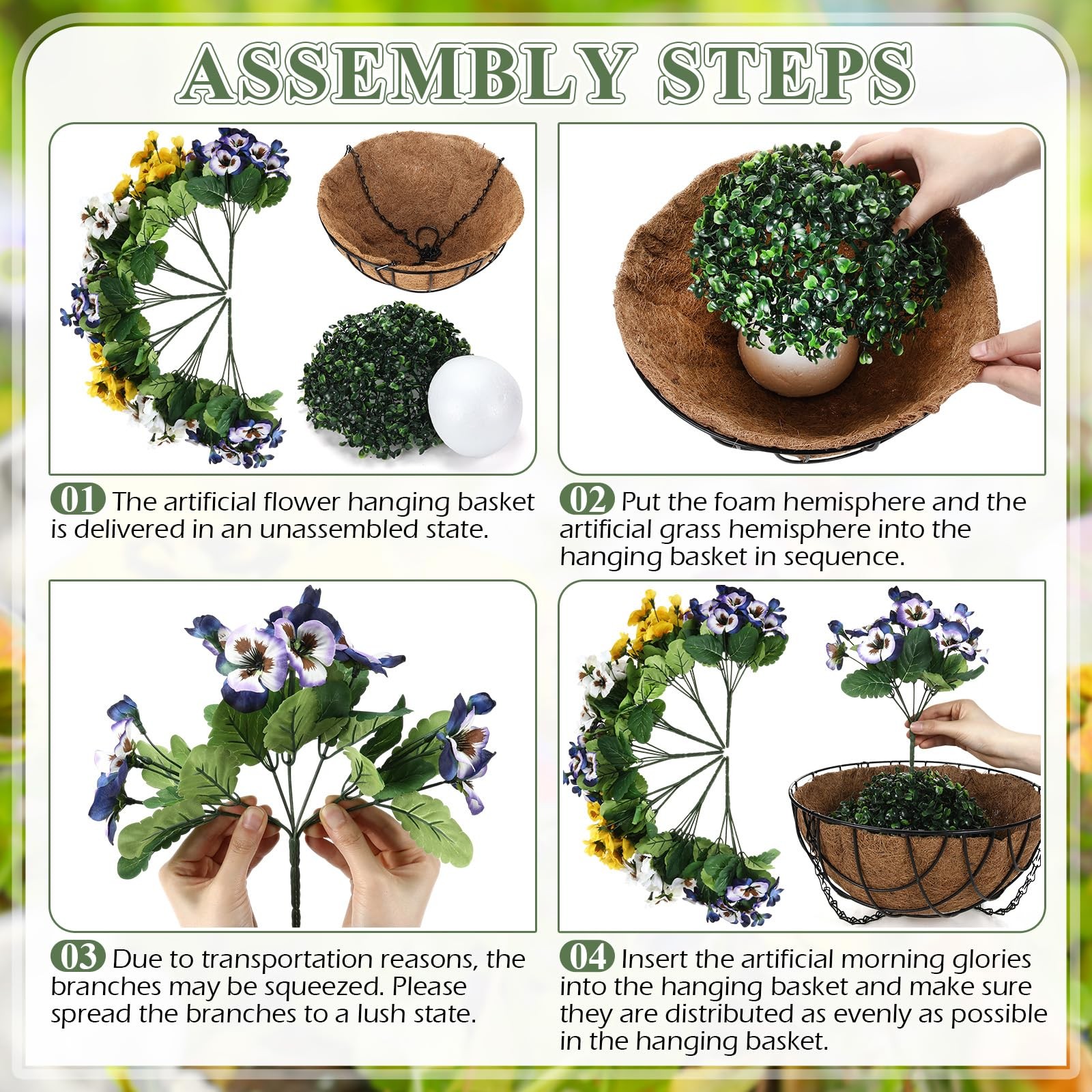2 Set Artificial Hanging Pansy Flowers with Baskets UV Resistant Faux Silk Pa…