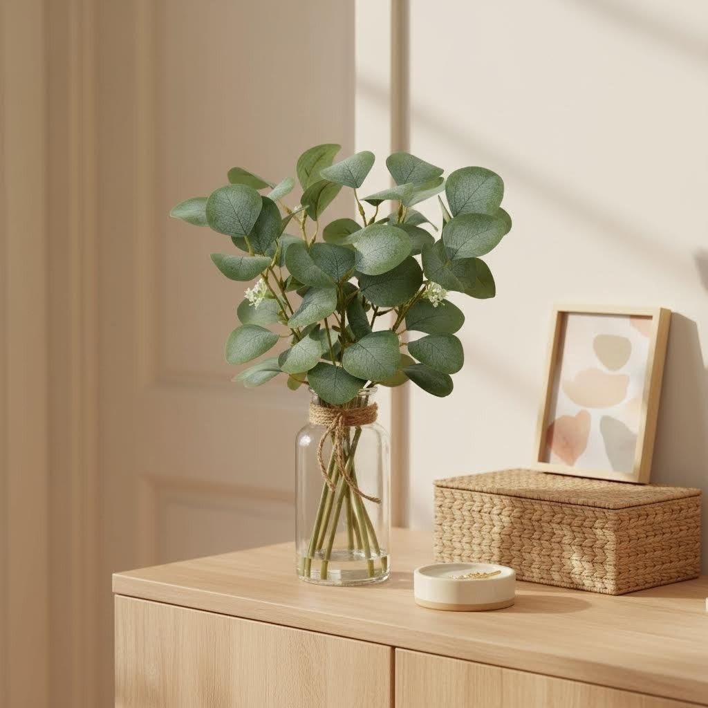 Artificial Eucalyptus Stems in Glass Vase with Faux Water, 14″ Fake Plant Euc…