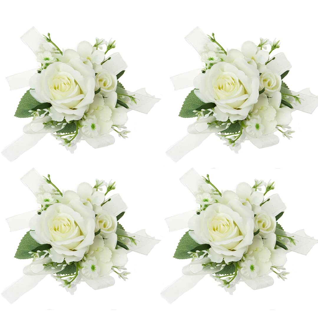 4-Piece Ivory Rose Wrist Corsage for Wedding Bride Hand Flower Party Decor