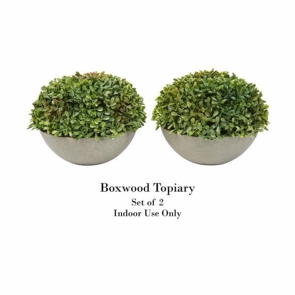 Pure Garden Faux Boxwood Topiary Set of 2 Indoor Artificial Plants in Stone Bowl