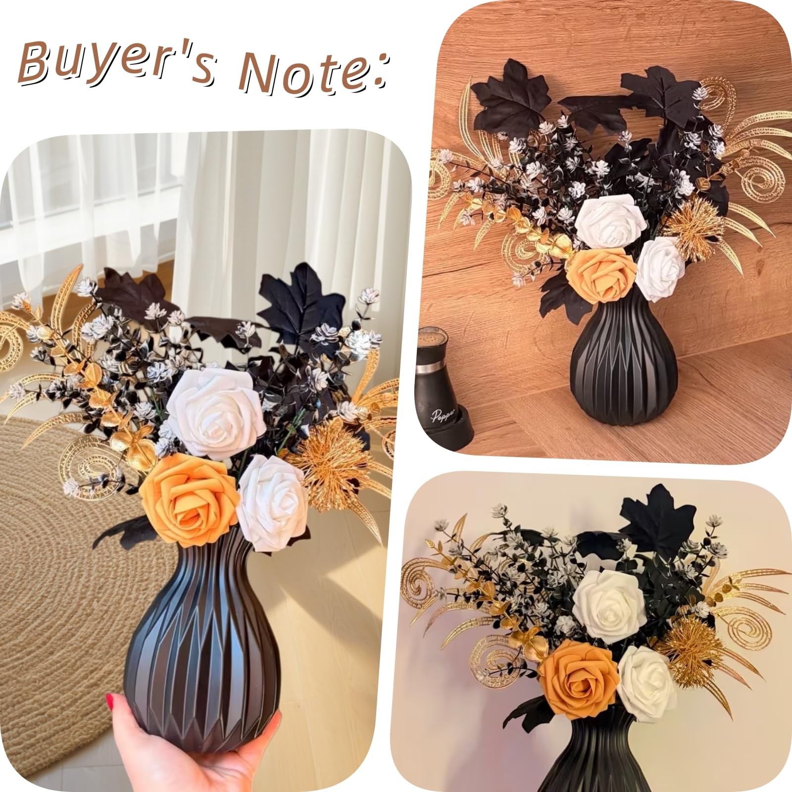11 PCS 17 Inch Artificial Fake Rose Flowers Black Gold Gothic Bouquet Modern