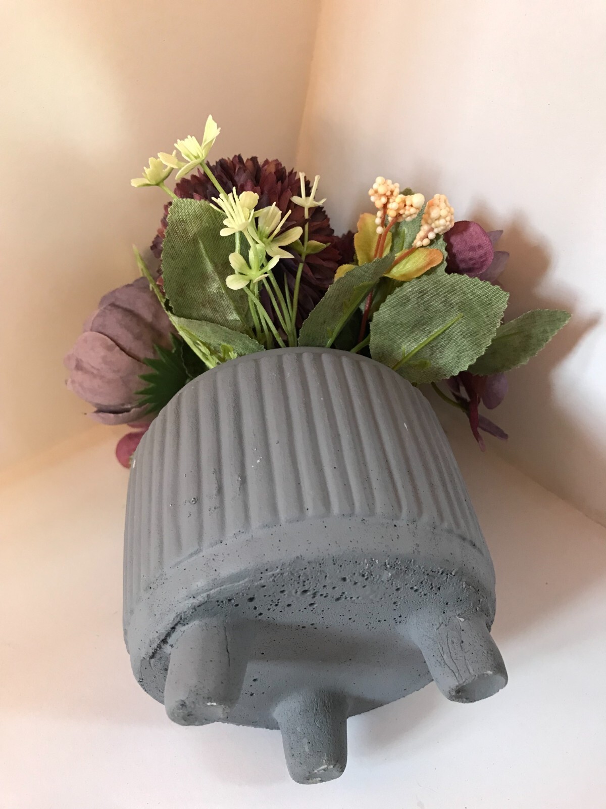 Artificial Silk Purple Hydrangea Peony Bouquet Flowers In Cement Grey Vase New