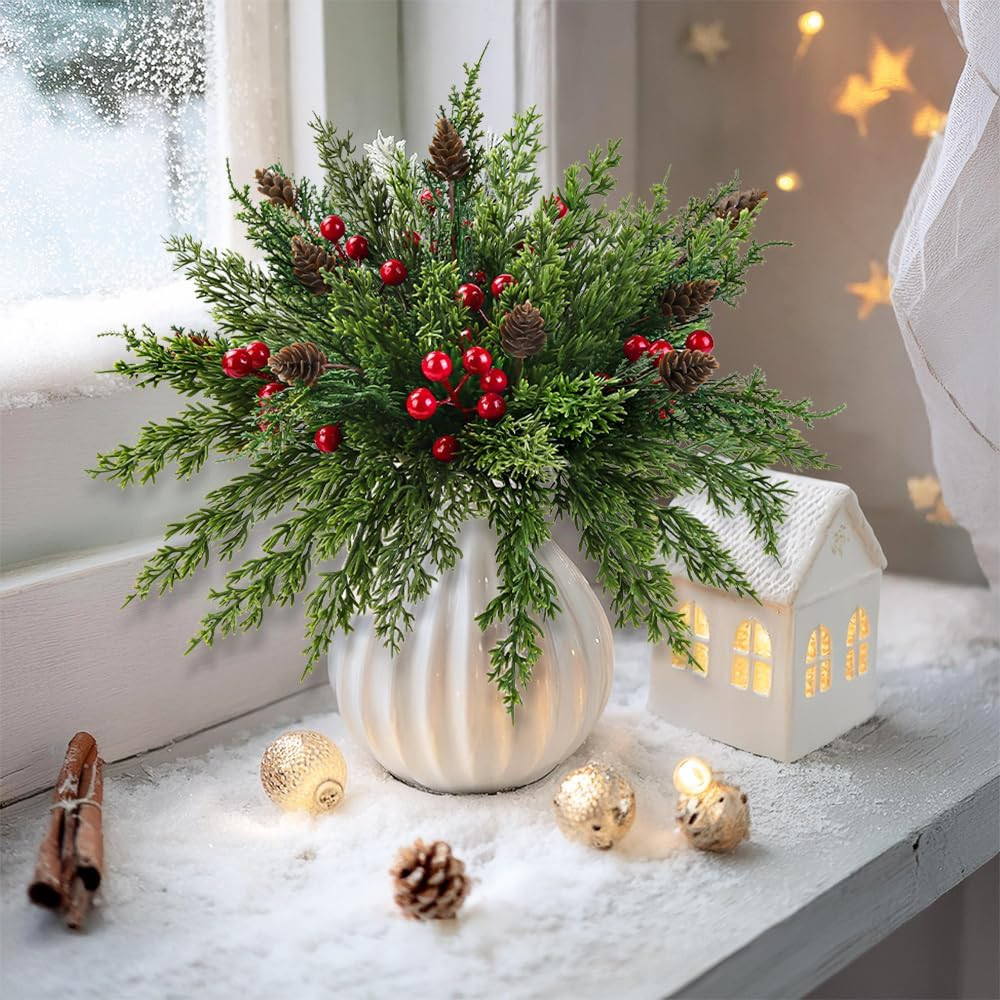 60 Pcs Christmas Artificial Pine Branches Red Berry Stems and Pine Cones, Fake F