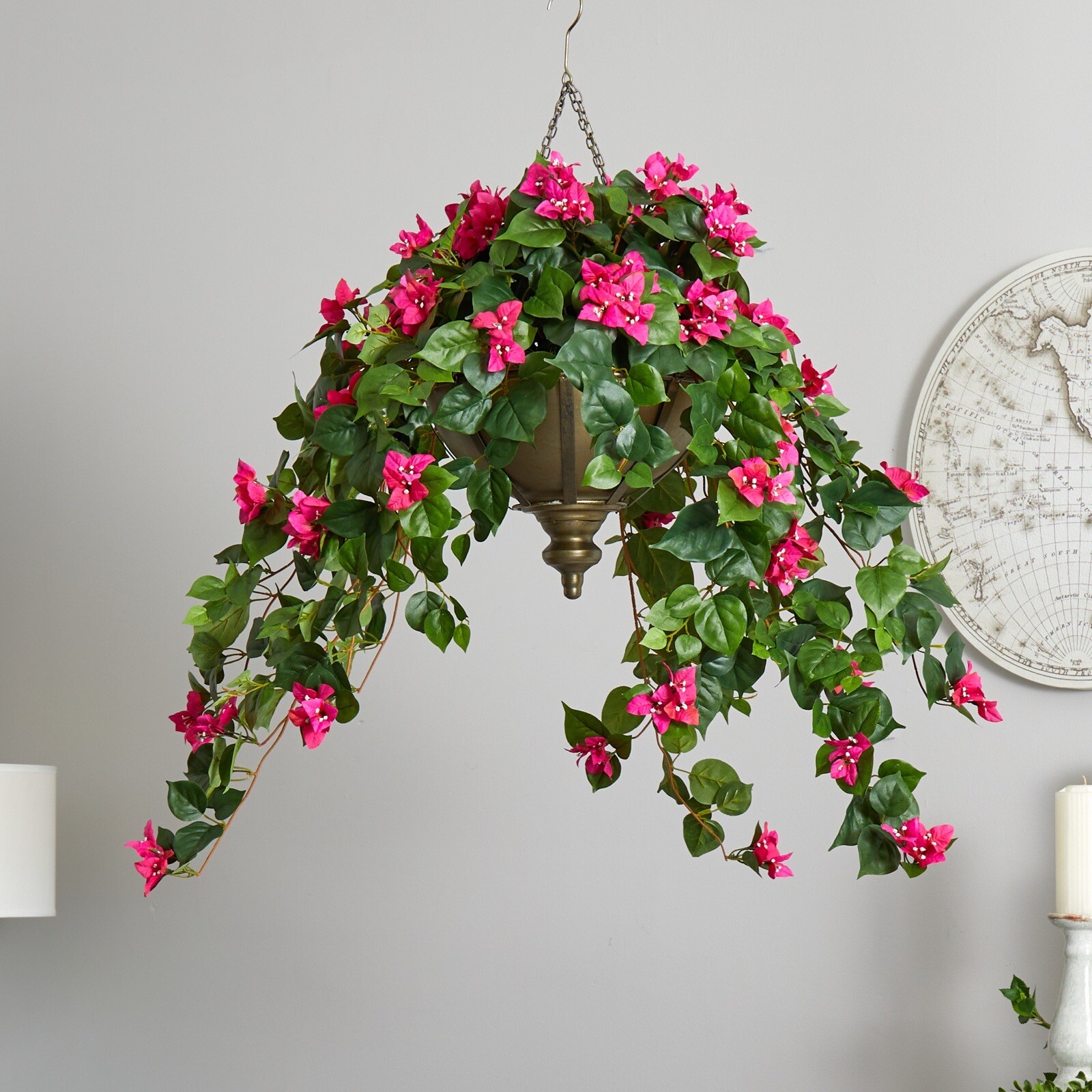 37” Bougainvillea Artificial Plant in Hanging Metal Bowl Home Decor. Retail $190